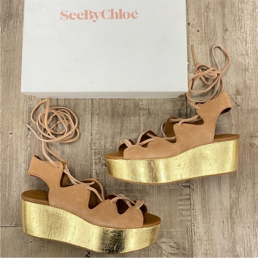 NIB See By Chloe Tan Suede Liana Lace Up Platform Sandals